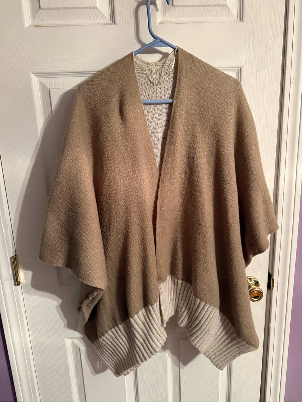 Neutral Two-Tone Open Front Poncho Sweater - Beige & Cream